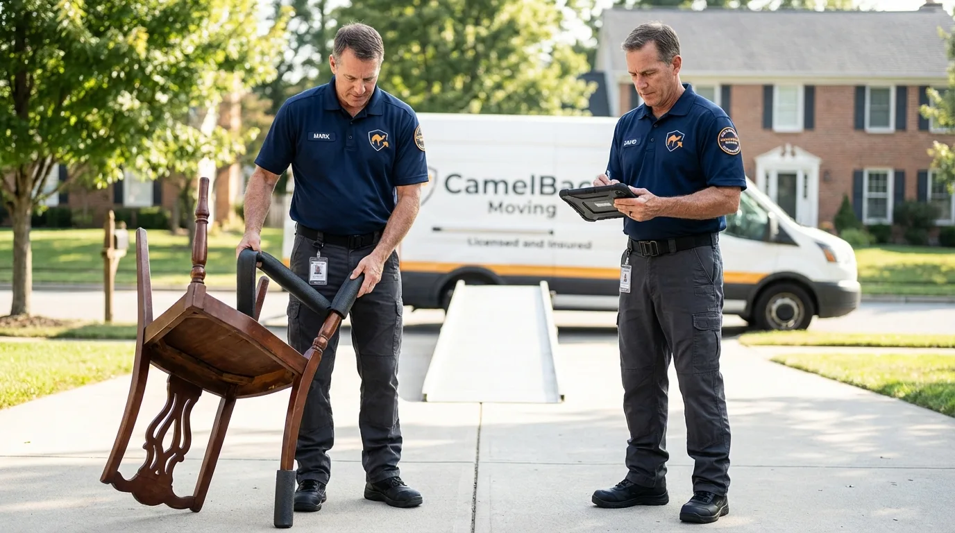 Movers inspecting furniture for damage prevention before loading in Dauphin Island, AL