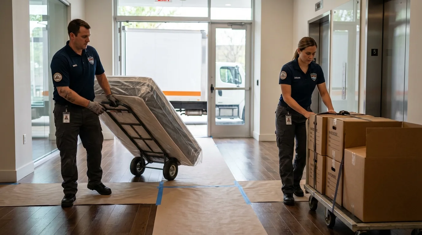 Professional apartment movers loading elevator in Dauphin Island, AL