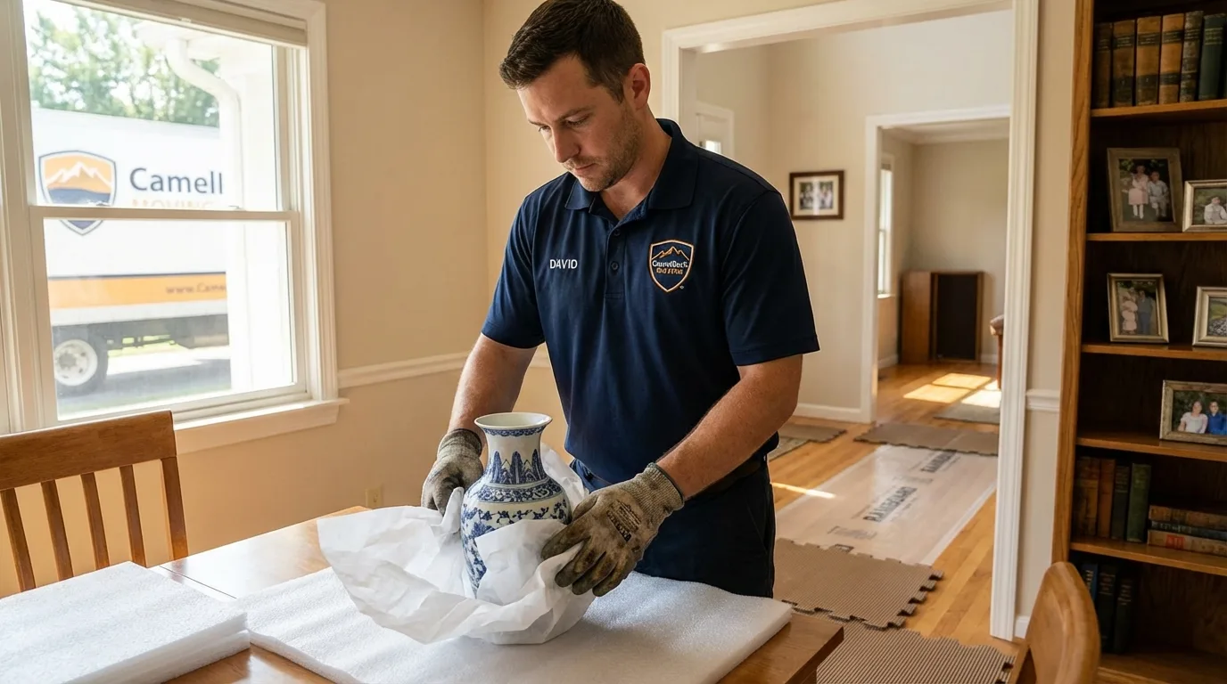 Professional crew carefully wrapping antique vase for senior downsizing move in Dauphin Island, AL